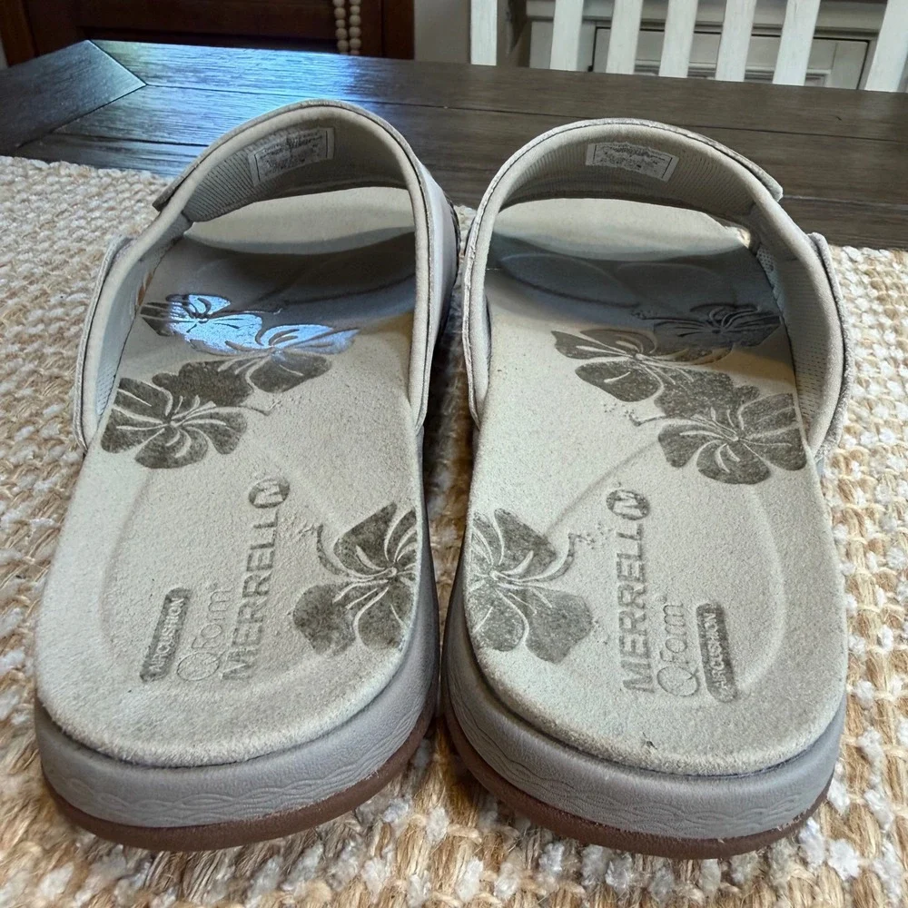 Merrell Lilyfern Silver Birch Leather Slide Sandals Womens 9 QForm Comfort